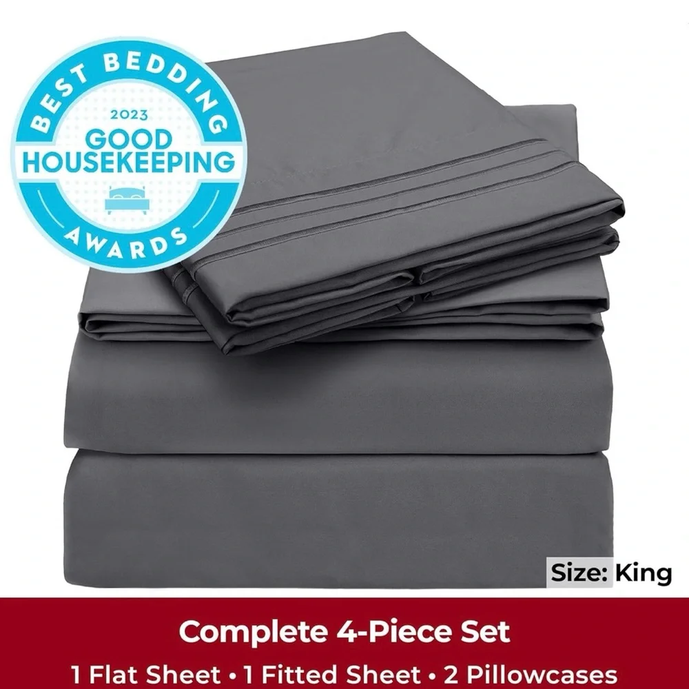 New Mellanni 1800 Brushed Microfiber King Bed Sheet Set, 4 Piece - Light Gray